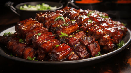 Beef ribs in teriyaki sauce with sesame and parsley.の素材