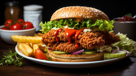 Burger with chicken nuggets and french fries on a wooden table.の素材