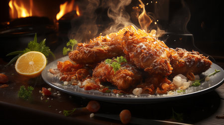 Fried chicken wings on a plate in a restaurant with fire.の素材