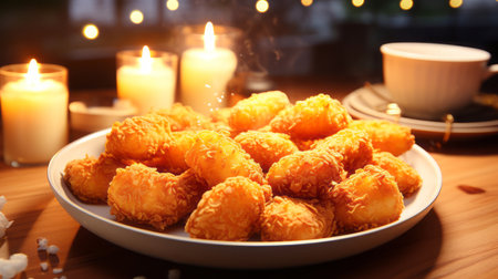 Close-up of fried cheese balls on a plate with candles in the background.の素材