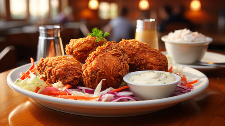Crispy fried chicken nuggets with coleslaw and mayonnaise.の素材