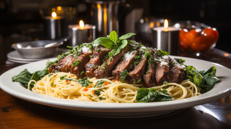 Spaghetti with roasted duck and basil on a table in a restaurant.の素材