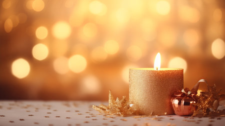 Christmas-themed candle, Christmas on bokeh background.の素材