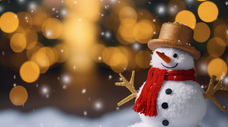 Smiling snowman on snow decorated with scarf and hat with bokeh background.の素材