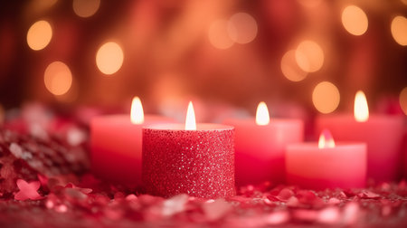 Christmas candles and ball decorations light the background.の素材