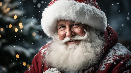 Smiling Santa Claus with snow covered shirt and red hat.の素材