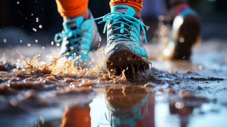 Nordic Combined, winter sports, Walking on roads with water and snow.の素材