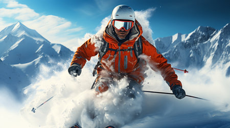 Alpine skiing sliding down snow-covered slopes on skis with fixed-heel bindings.の素材