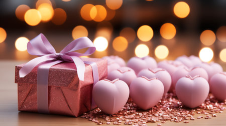 Gift box with ribbon and pink heart Valentine' Day.の素材