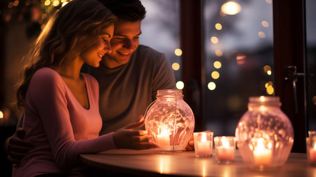 Romantic couple in candlelight Valentine's Day.の素材