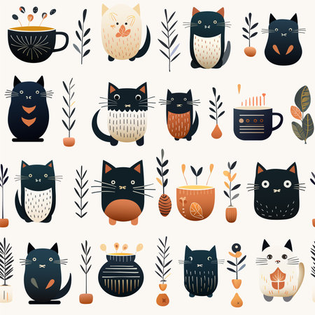 Cute seamless cat art decorated with potted plants.のイラスト素材