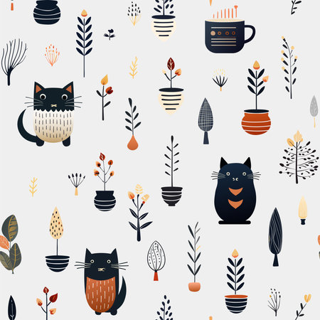 Cute seamless cat art decorated with potted plants.のイラスト素材