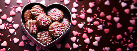 Chocolate candies in heart shaped box on dark background. Valentine's day concept.の素材