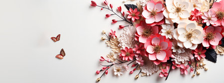 Beautiful floral composition on white background, flat lay. Space for textの素材