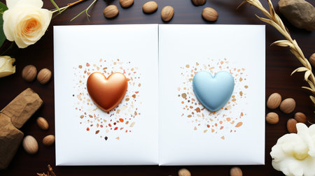 Valentine's day greeting card with hearts on wooden background. Space for text.の素材