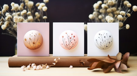 Easter eggs on wooden shelf with dried flowers on dark background.の素材