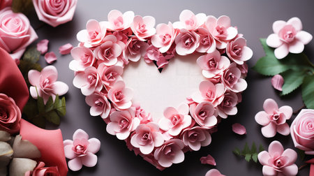 Heart-shaped box with beautiful flowers on dark background. Space for text.の素材