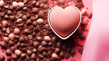 Valentine's day background with chocolate candies and heart on pink background.の素材
