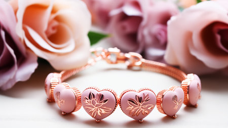 wedding rings and pink roses on a white wooden background.の素材