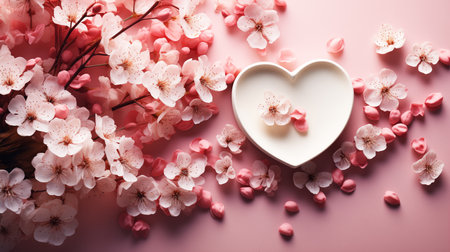 Cherry blossoms and white heart-shaped box on pink backgroundの素材