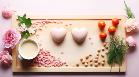 Cup of coffee, heart shaped cookies and flowers on wooden board.の素材