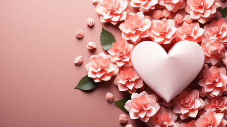 Valentine's day background with heart and flowers on pink background. Place for text.の素材