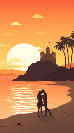 Lovely couple kissing on the beach at sunset. Valentine's Dayの素材