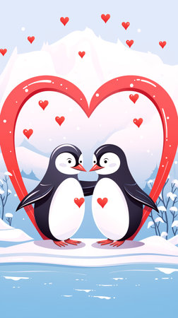 Cute penguins in love on a snowy background. Valentine's Day.の素材