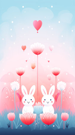 Cute rabbits on flower meadow with hearts. Valentine's day concept.の素材