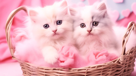 Cute Persian kittens in basket on pink background. Valentine's Day.の素材