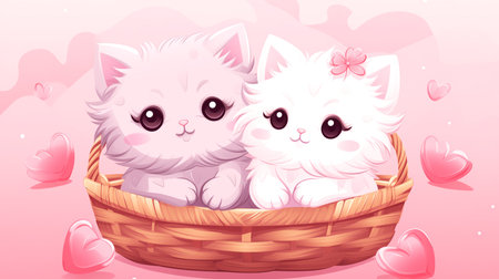 Cute cartoon kittens in a basket with hearts. Valentine's Day.の素材