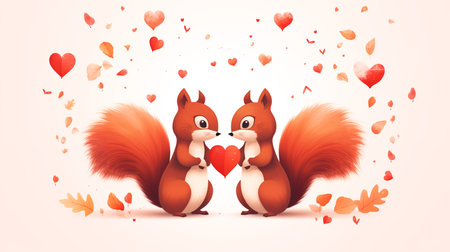 Valentine's Day greeting card with two cute squirrels holding red hearts.の素材