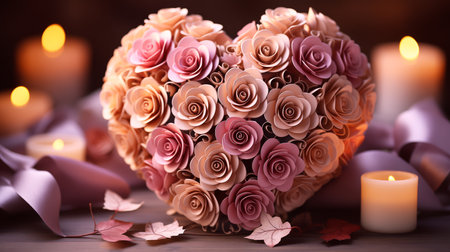 Heart shaped bouquet of roses and candles on wooden table, closeup. Valentine's Day.の素材