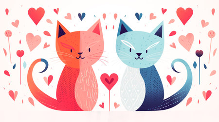 Valentines' Day card with cute cats and hearts.の素材