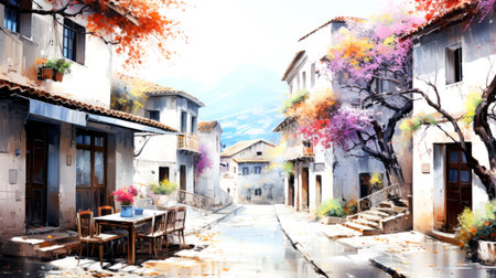 Watercolor painting of a street in the old town of San Marino.の素材