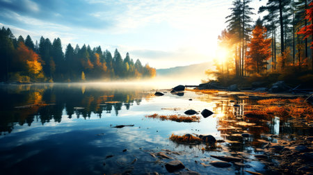 Autumn misty morning on the lake. Colorful autumn landscape.の素材