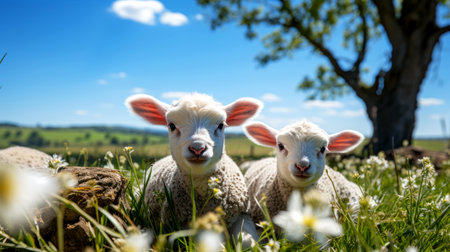 Cute lambs in a meadow on a sunny spring day.の素材