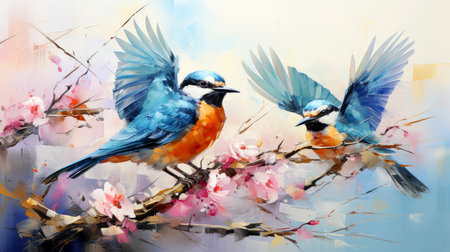 Pair of birds on a branch of cherry blossoms.の素材