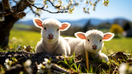 Two cute little lambs on a spring meadow with blooming flowers.の素材