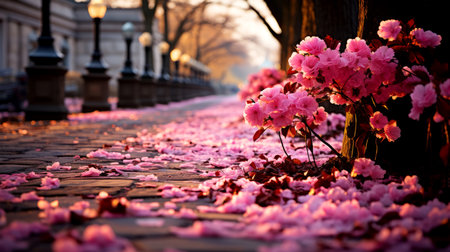 Cherry blossoms on the street in the evening, Moscow, Russiaの素材