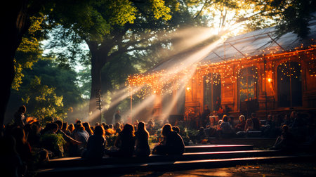 A crowd of people sitting on a bench at a music festival.の素材