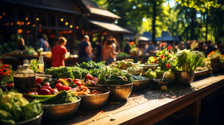 Bowls with fresh vegetables at the farmers market in summer.の素材