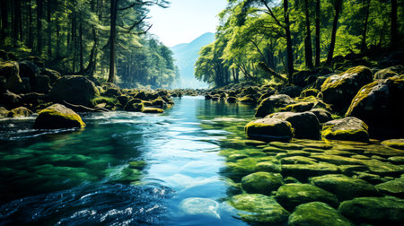 Beautiful landscape of a river flowing through a forest in the mountainsの素材