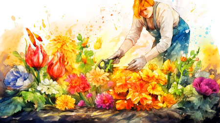 Watercolor painting of a woman watering flowers in a flowerbed.の素材
