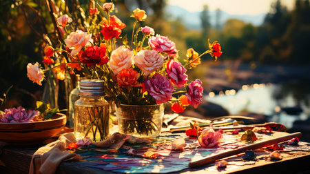 Vase of flowers on the table by the lake at sunset.の素材