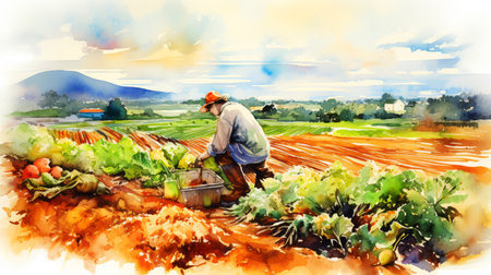 Watercolor painting of a farmer picking fresh vegetables on the field.の素材