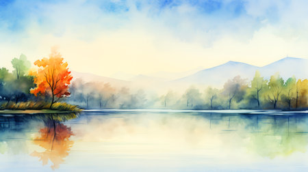 Autumn landscape with lake and mountains. Digital watercolor painting.の素材
