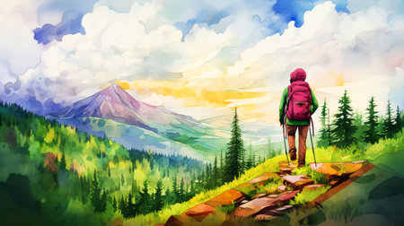 Hiking in the Carpathian Mountains. Hand drawn illustration.の素材