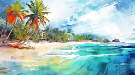 Illustration of a beach in the tropics with palm trees.の素材