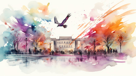 Illustration of the National Gallery in Washington DC. Watercolor paintingの素材